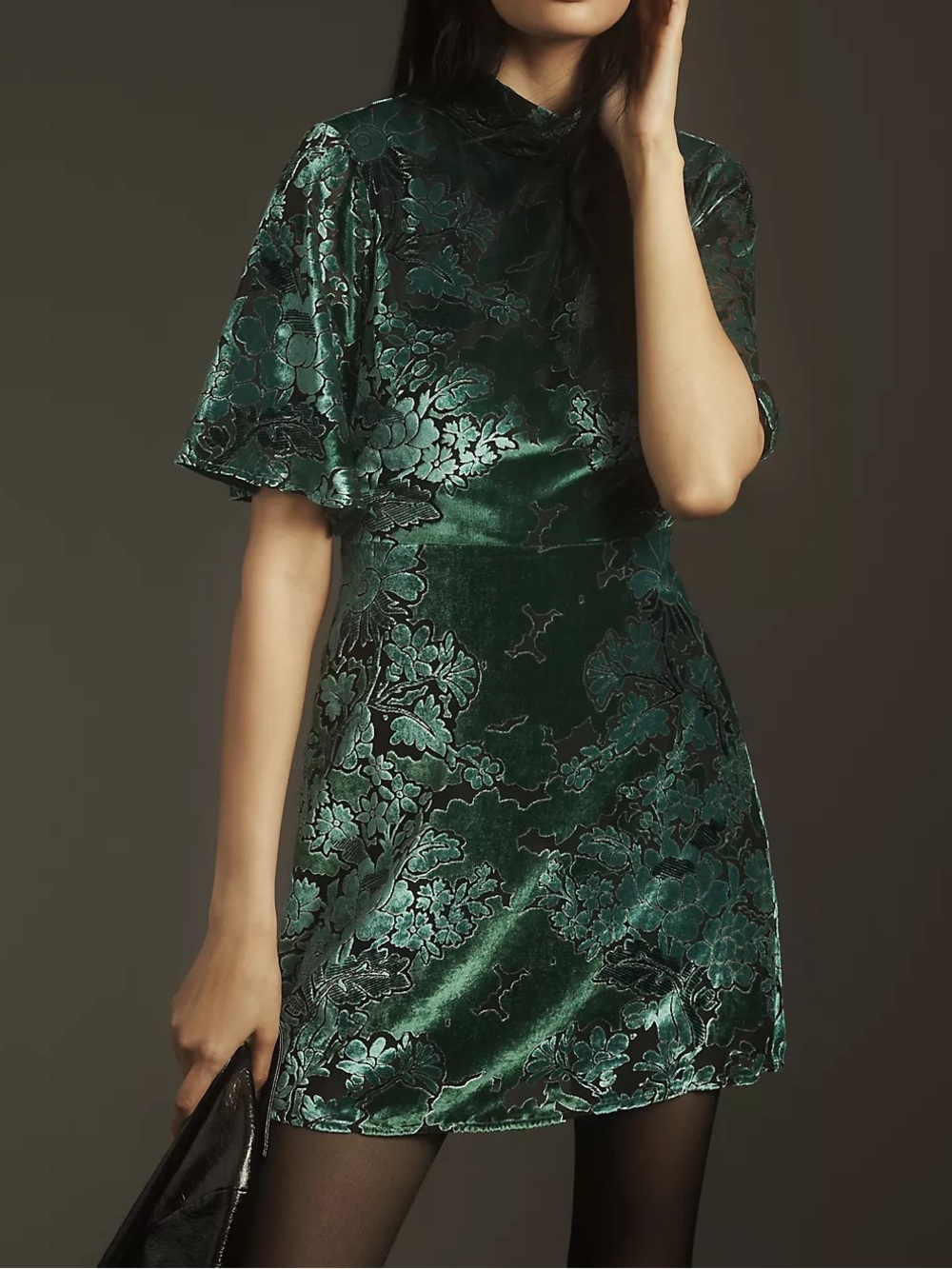 By Anthropologie Short-Sleeve Mock-Neck Velvet Mini Dress